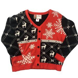 Christmas Sweater Size L Cardigan Winter Black Red White Snowflake Reindeer